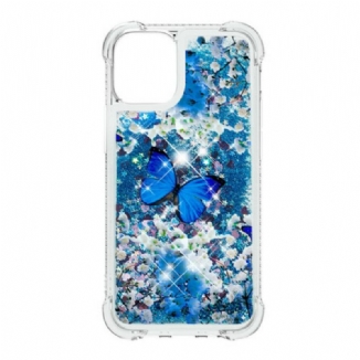 Coque iPhone 13 Pro Max Papillons Bleus Paillettes