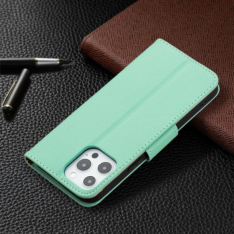Housse iPhone 13 Pro Max Effet Cuir Litchi Coloré à Lanière