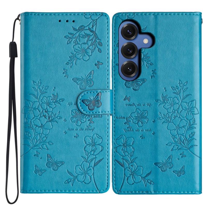 Housse Samsung Galaxy S26 Plus Motif Papillon Floral et Lanière
