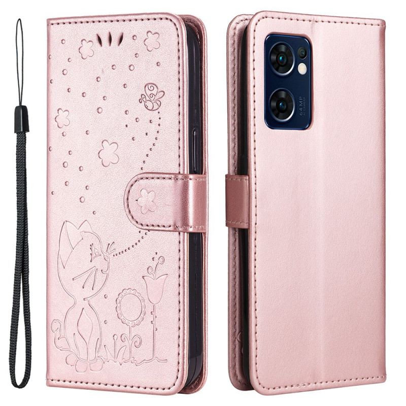 Housse Oppo Find X5 Lite Chats et Abeilles à Lanière