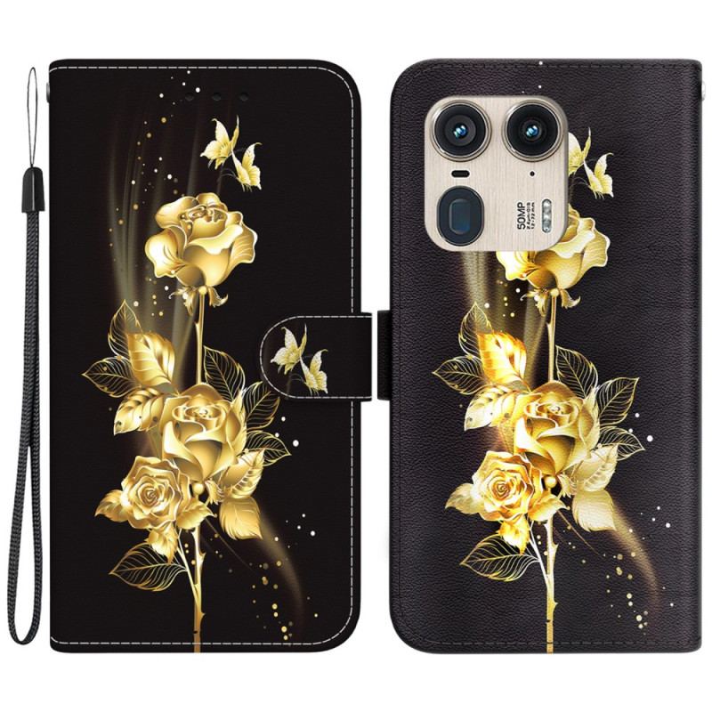 Housse Motorola Edge 50 Ultra Papillons Dorés et Roses à Lanière