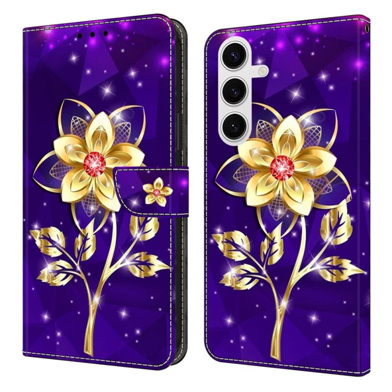 Housse Samsung Galaxy S25 FE Fleurs Dorées sur Fond Violet