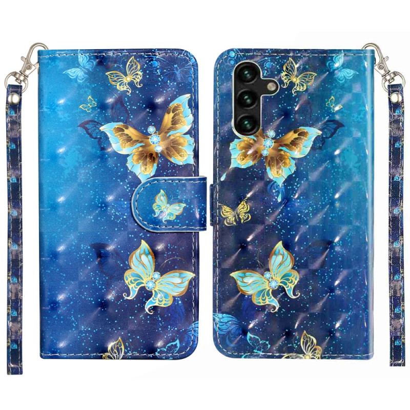 Housse Samsung Galaxy S25 FE Papillons Bleu et Or à Lanière