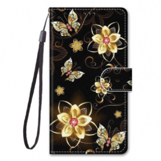 Housse Xiaomi Redmi 10A Fleurs Dorées à Lanière