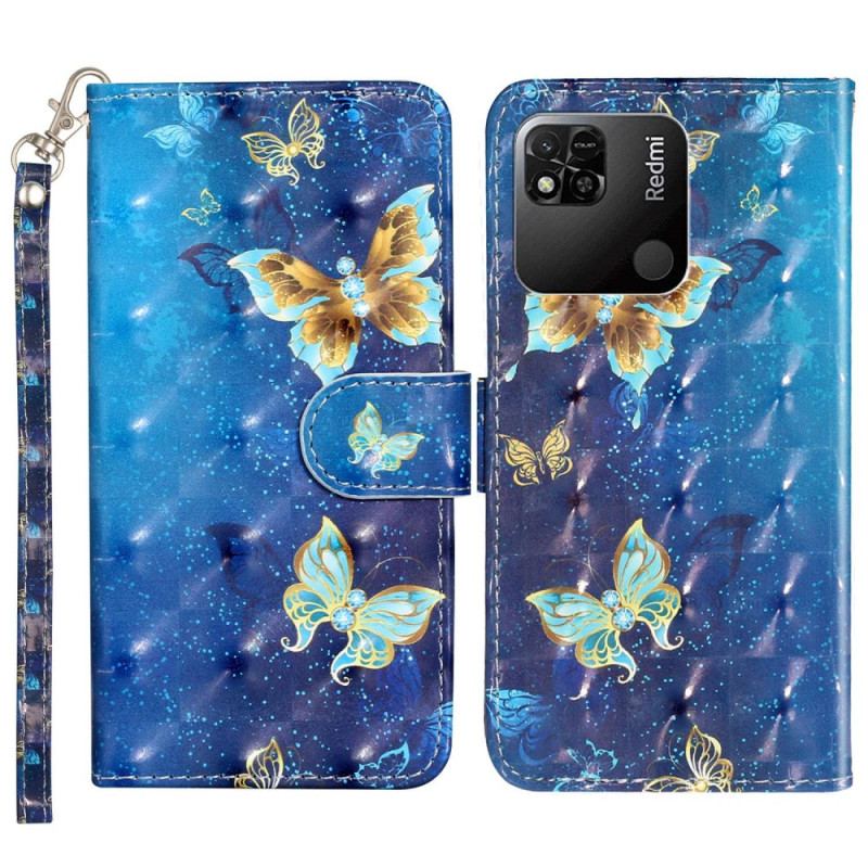 Housse Xiaomi Redmi 10A Papillons Sur Fond Bleu à Lanière