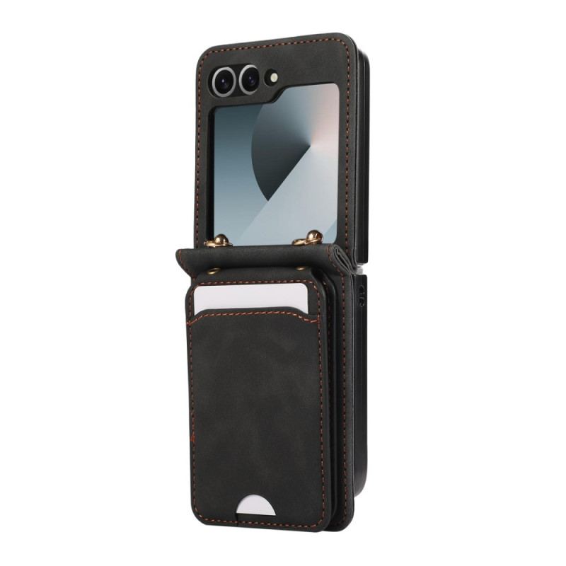 Étui Samsung Galaxy Z Flip 7 Effet Cuir Porte-Cartes et Bandoulière