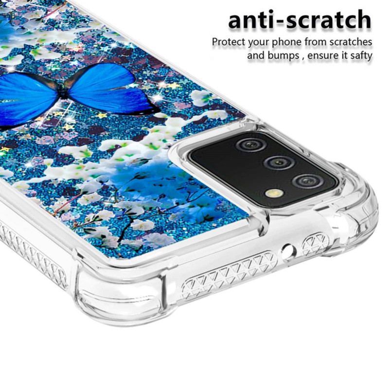 Coque Samsung Galaxy A03s Papillons Bleus Paillettes