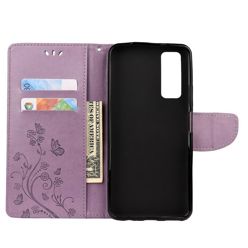 Housse Huawei P Smart 2021 Papillons et Fleurs à Lanière