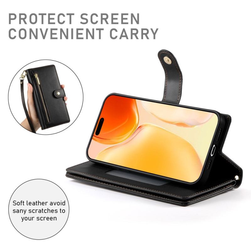 Housse iPhone 17 Portefeuille avec Pochette Zippée et Sangles