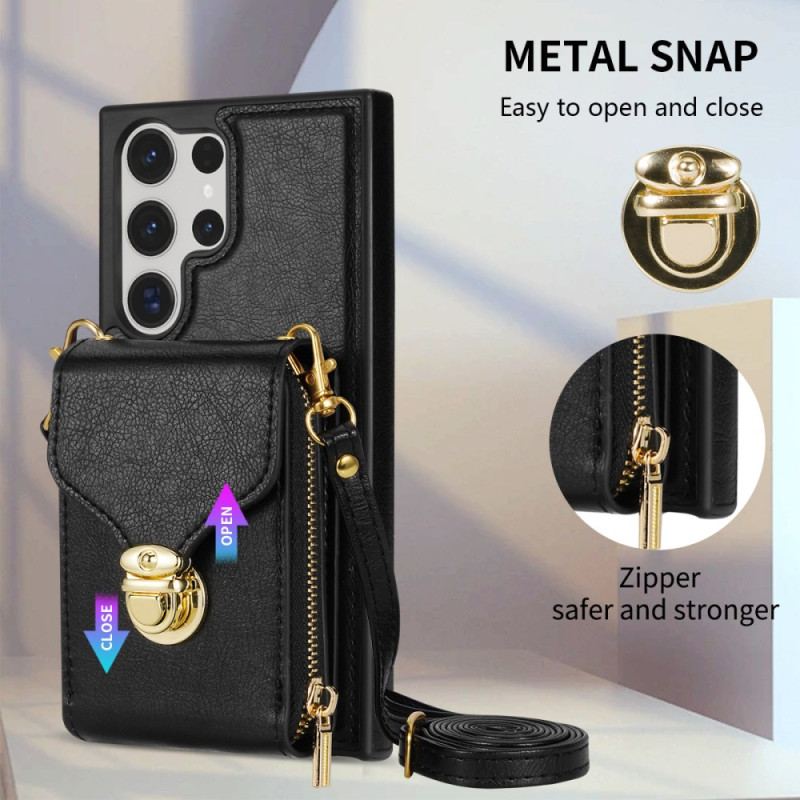 Coque Samsung Galaxy S25 Ultra 5G Portefeuille à Fermeture Éclair et Bandoulière