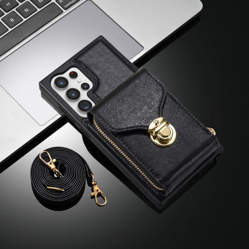 Coque Samsung Galaxy S25 Ultra 5G Portefeuille à Fermeture Éclair et Bandoulière