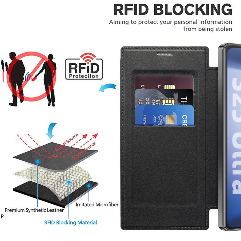 Flip Cover Samsung Galaxy S25 Ultra 5G Compatible MagSafe avec Blocage RFID Effet Cuir