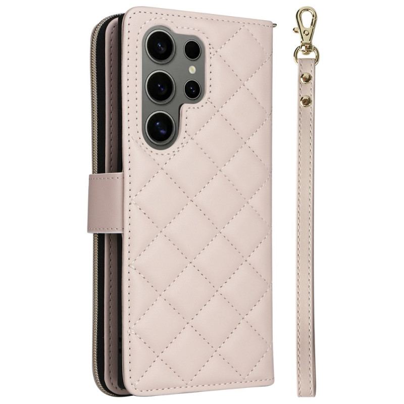 Housse Samsung Galaxy S25 Ultra 5G Portefeuille Matelassé avec Lanière et Bandoulière