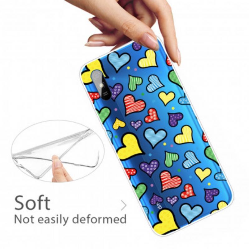Coque Xiaomi Redmi 9A Coeurs Multicolors