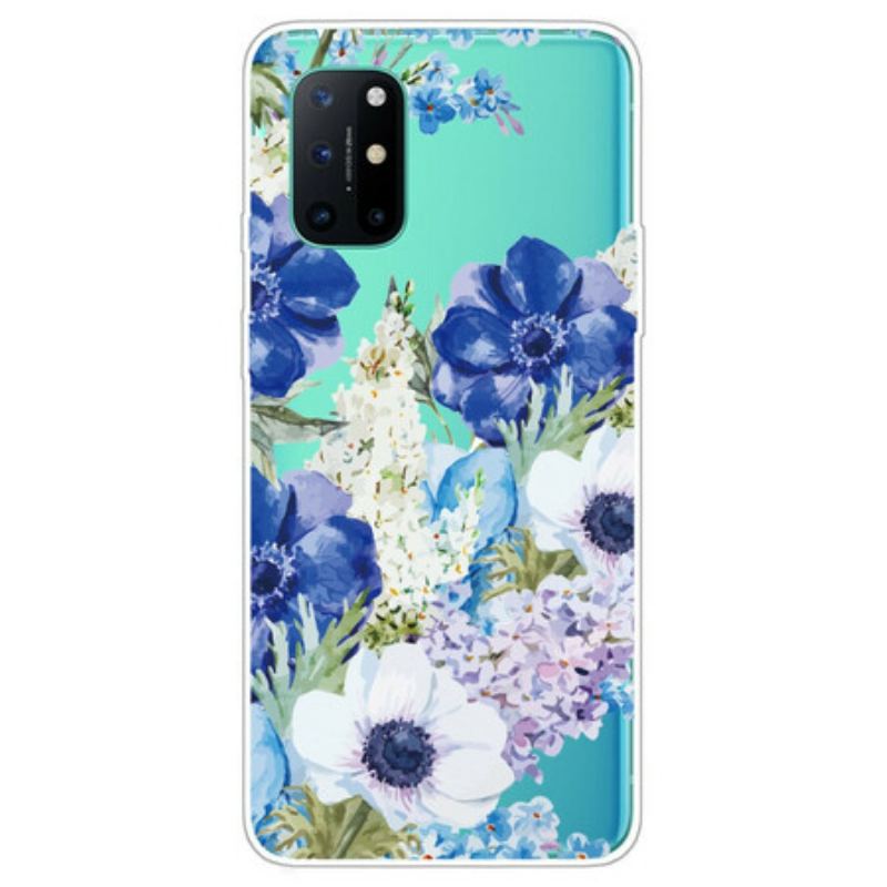 Coque OnePlus 8T Transparente Fleurs Bleues Aquarelle