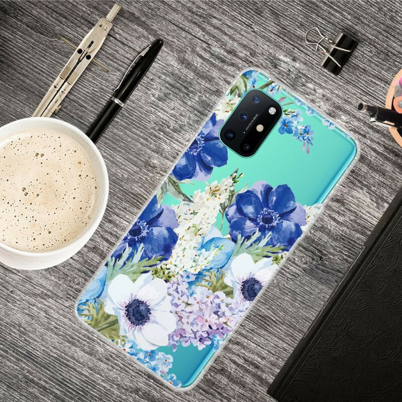 Coque OnePlus 8T Transparente Fleurs Bleues Aquarelle
