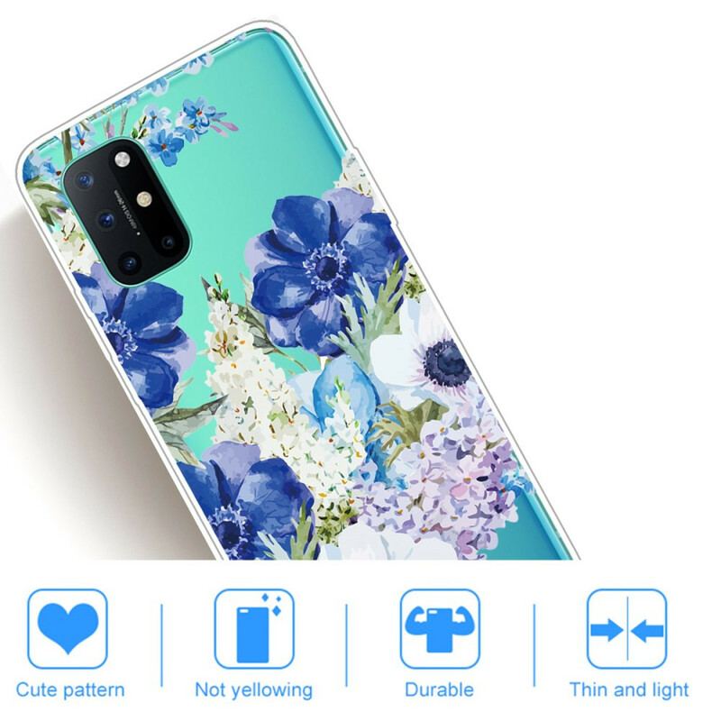 Coque OnePlus 8T Transparente Fleurs Bleues Aquarelle