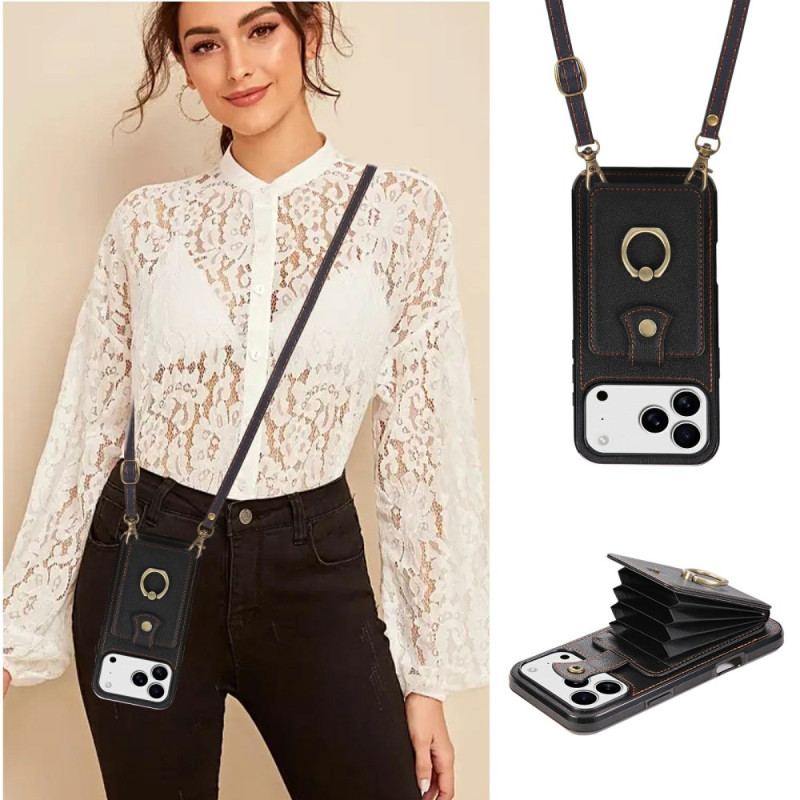 Coque iPhone 17 Pro Max Effet Cuir avec Porte-Cartes et Dragonne