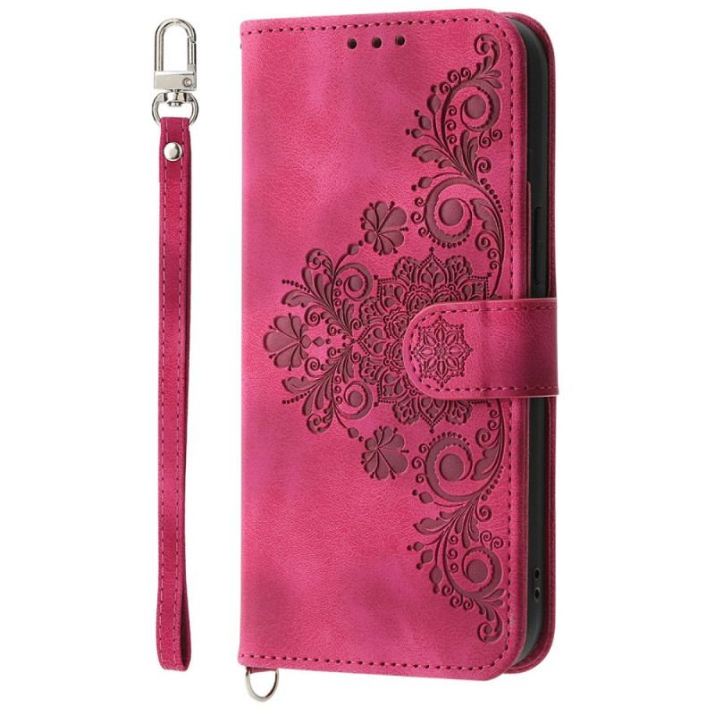 Housse Xiaomi 15 Pro Effet Daim Motif Floral à Lanière et Bandoulière