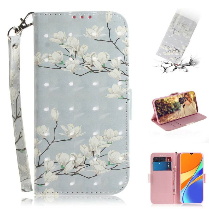 Housse Xiaomi Redmi 9C Branche en Fleurs à Lanière