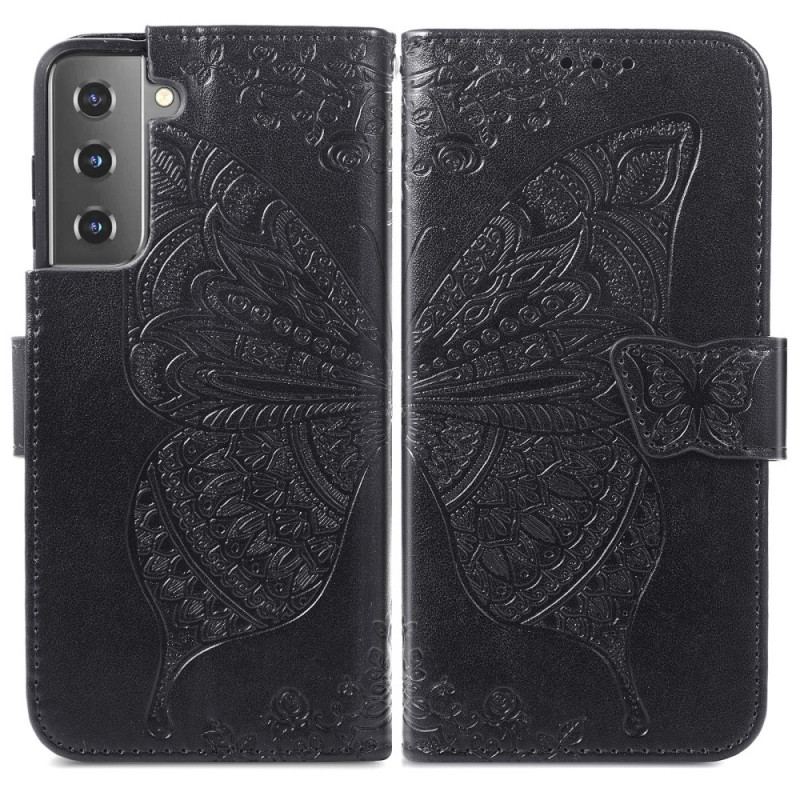 Housse Samsung Galaxy S22 Plus 5G Papillon Design avec Lanière