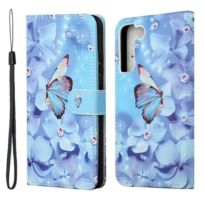 Housse Samsung Galaxy S22 Plus 5G Papillons Diamants à Lanière
