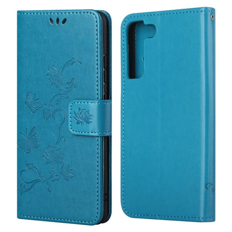 Housse Samsung Galaxy S22 Plus 5G Papillons Et Fleurs à Lanière