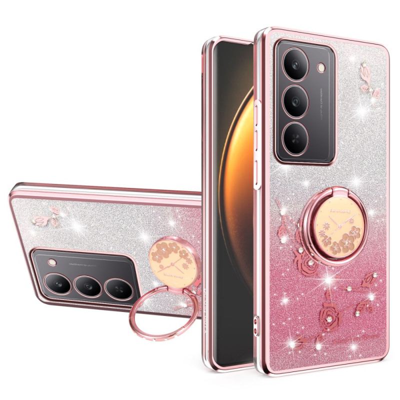Coque Realme 14X 5G Anneau-Support Fleurs et Strass KADEM