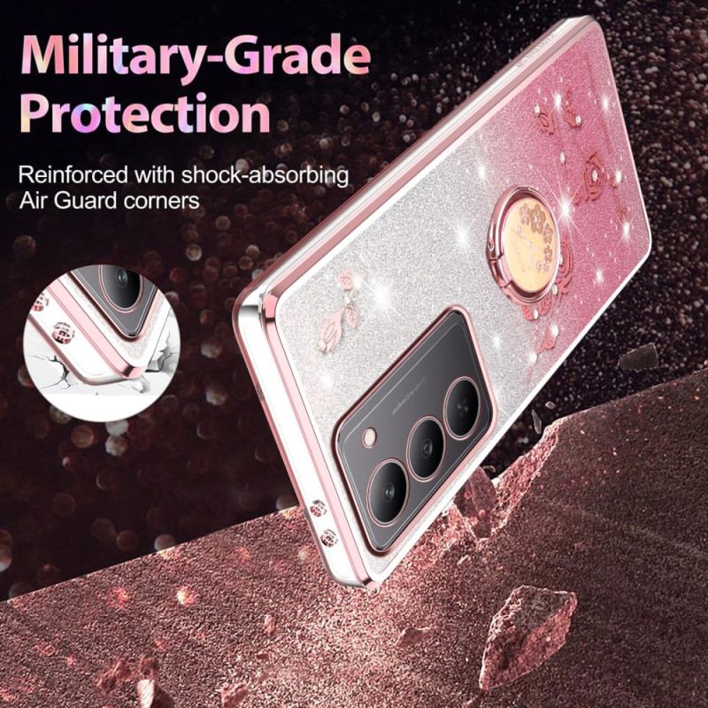 Coque Realme 14X 5G Anneau-Support Fleurs et Strass KADEM