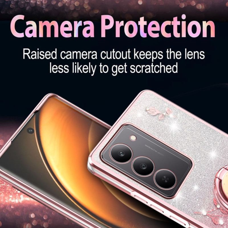 Coque Realme 14X 5G Anneau-Support Fleurs et Strass KADEM