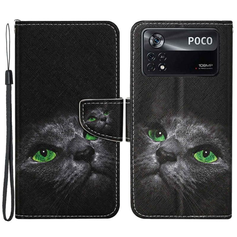 Housse Poco X4 Pro 5G Chat aux Yeux Verts à Lanière