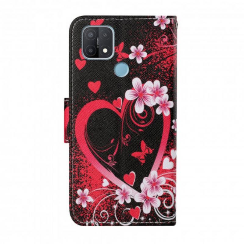 Housse Oppo A15 Fleurs et Coeurs avec Lanière