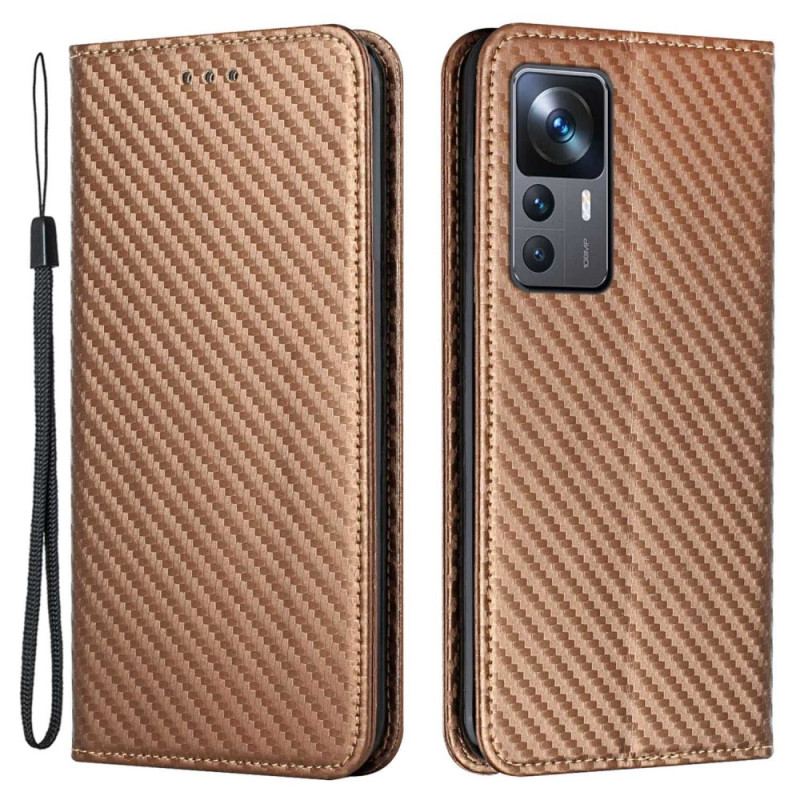 Flip Cover Xiaomi 12T / 12T Pro Fibre Carbone avec Lanière
