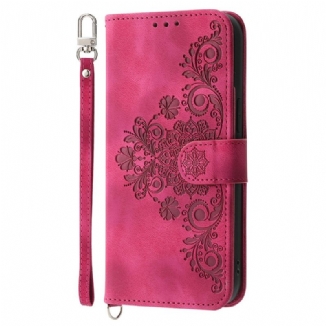 Housse Xiaomi Redmi Note 14 5G Portefeuille Motif Dentelle avec Lanière et Bandoulière