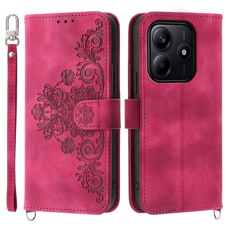 Housse Xiaomi Redmi Note 14 5G Portefeuille Motif Dentelle avec Lanière et Bandoulière