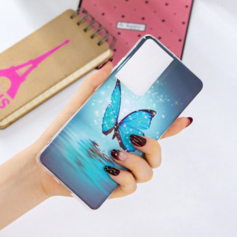 Coque Samsung Galaxy S21 Ultra 5G Papillon Bleu Fluorescente