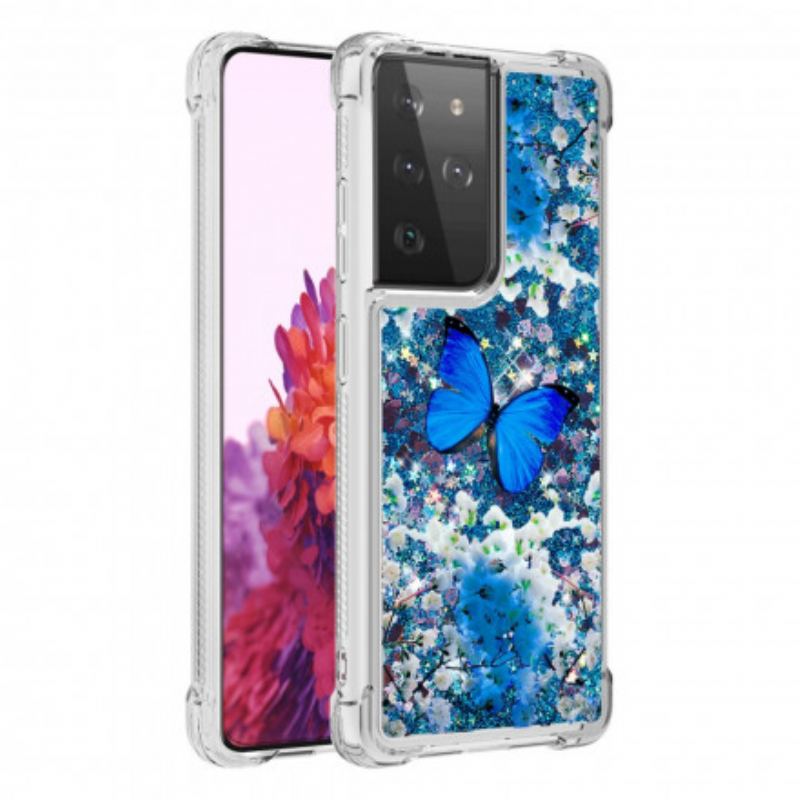 Coque Samsung Galaxy S21 Ultra 5G Papillons Bleus Paillettes