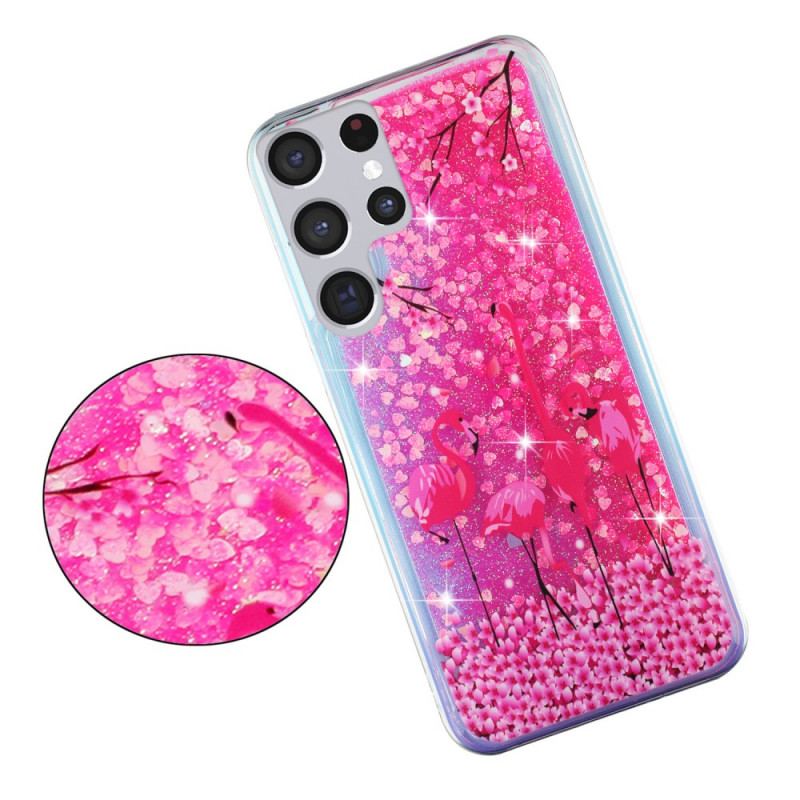 Coque Samsung Galaxy S22 Ultra 5G Paillettes Flamants Roses