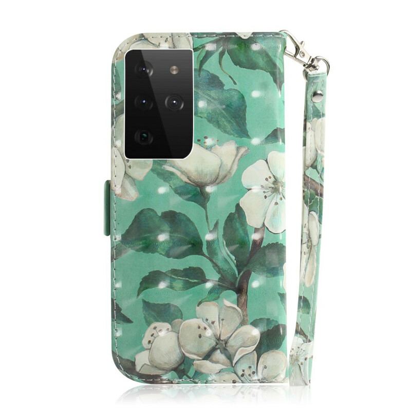 Housse Samsung Galaxy S21 Ultra 5G Branche en Fleurs à Lanière