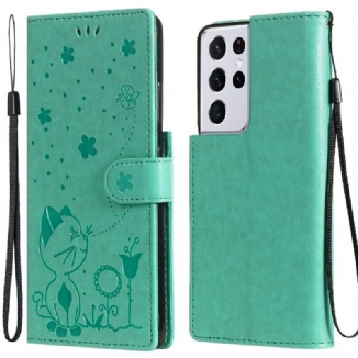 Housse Samsung Galaxy S21 Ultra 5G Chat et Abeille à Lanière
