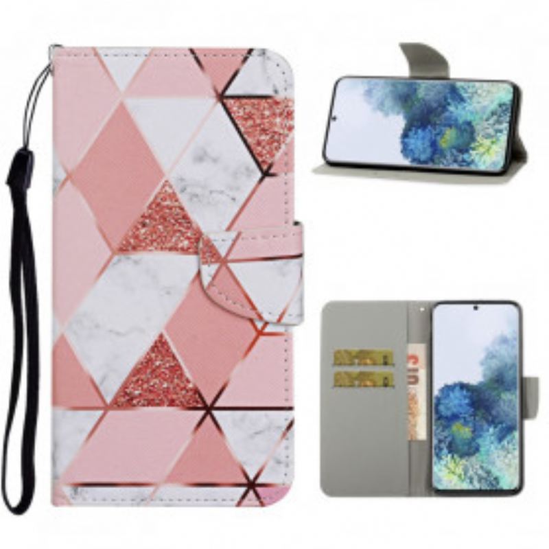 Housse Samsung Galaxy S21 Ultra 5G Marbre et Paillettes avec Lanière