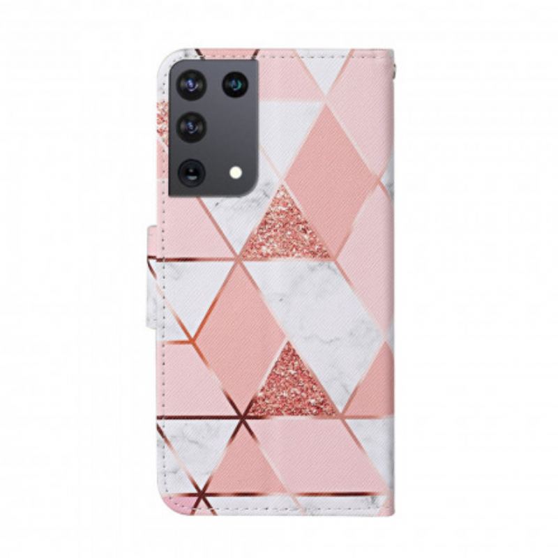 Housse Samsung Galaxy S21 Ultra 5G Marbre et Paillettes avec Lanière