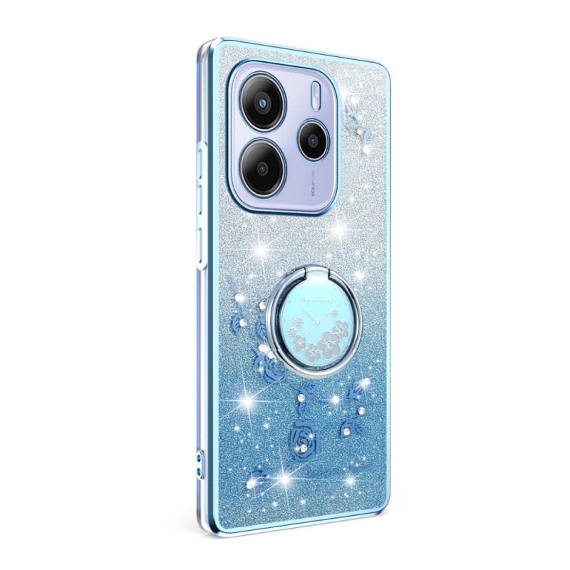 Coque Xiaomi Redmi Note 14 4G Anneau-Support Strass et Fleurs