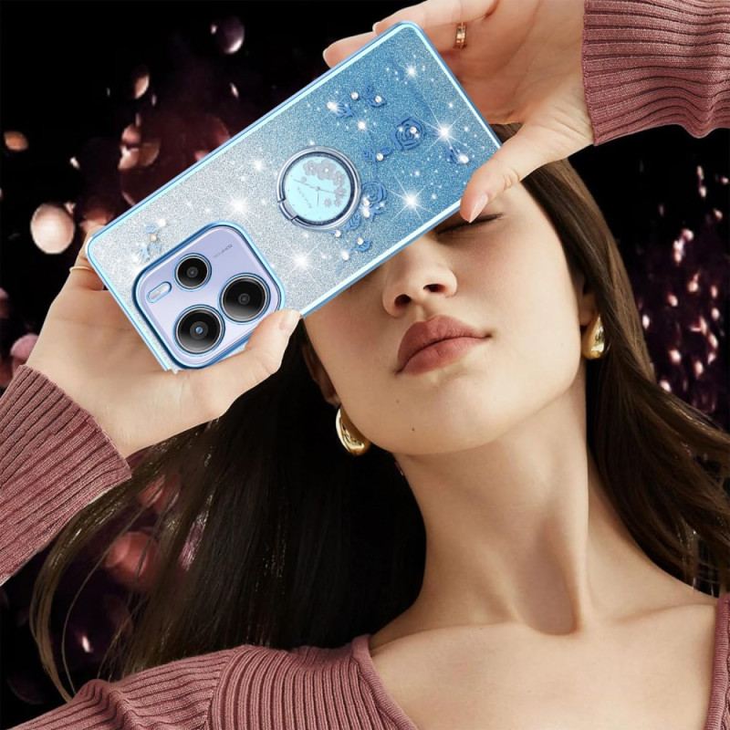 Coque Xiaomi Redmi Note 14 4G Anneau-Support Strass et Fleurs