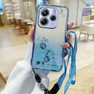 Coque Xiaomi Redmi Note 14 4G Strass et Fleurs à Lanière