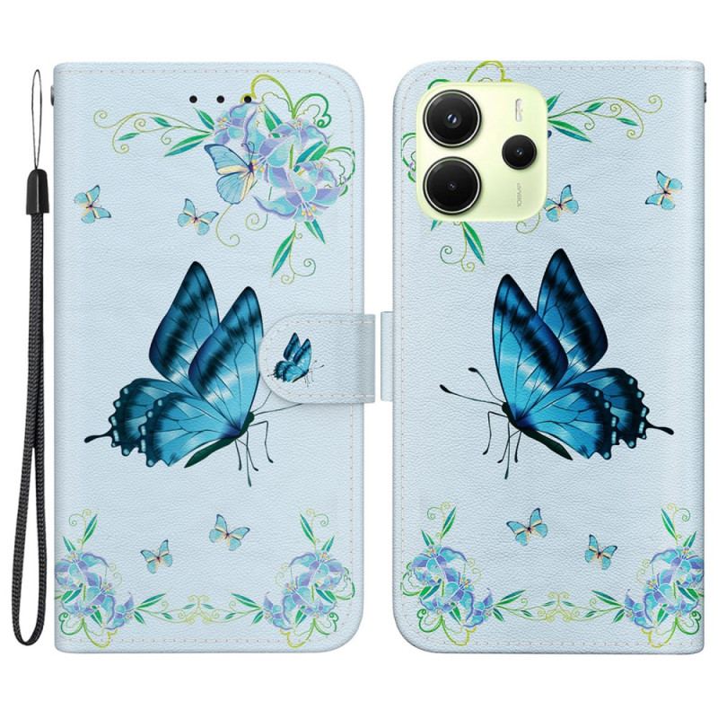 Housse Xiaomi Redmi Note 14 4G Papillon Bleu et Fleurs