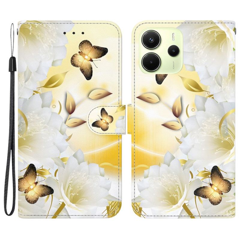 Housse Xiaomi Redmi Note 14 4G Papillons Dorés et Fleurs