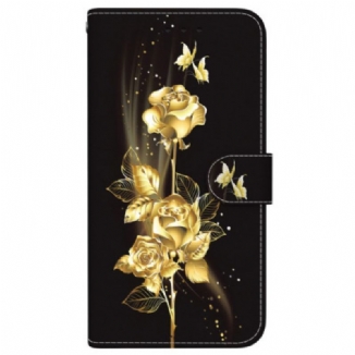 Housse Xiaomi Redmi Note 14 4G Papillons Dorés et Roses