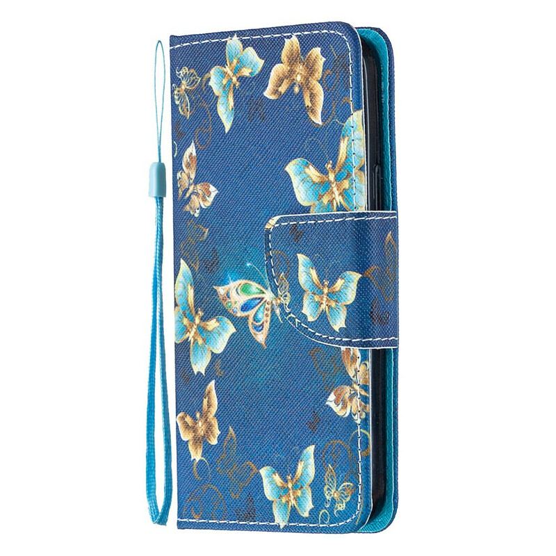 Housse iPhone 12 Mini Papillons et Fleurs Bleus à Lanière
