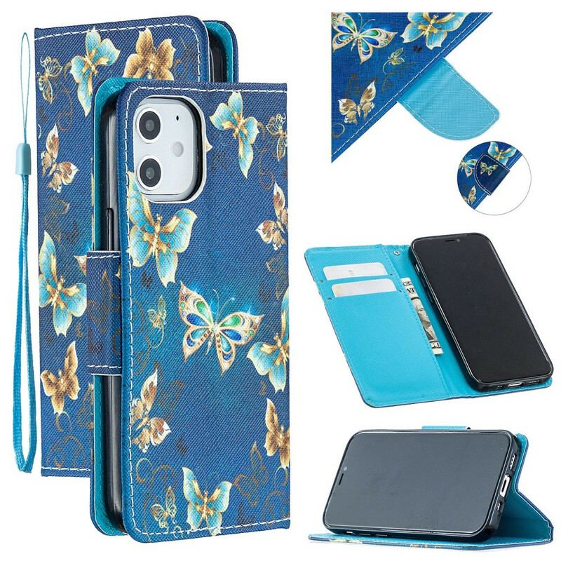 Housse iPhone 12 Mini Papillons et Fleurs Bleus à Lanière